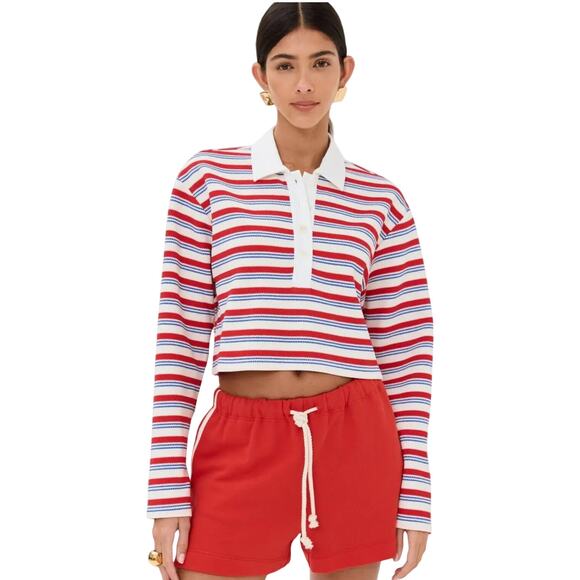 NWOT Reformation Cropped Red White Blue Collared Rugby Stripe Long Sleeve - Picture 1 of 8